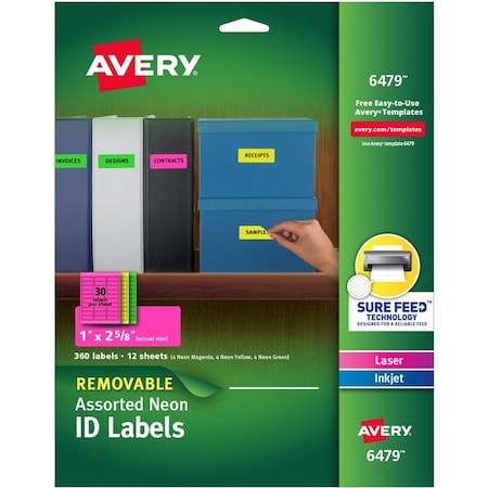 Avery Label, Neon, Remvable, 1X2, Ast AVE6479